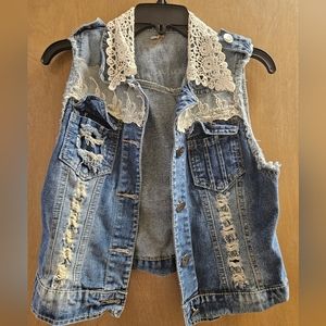 Lace-Accented Denim Vest